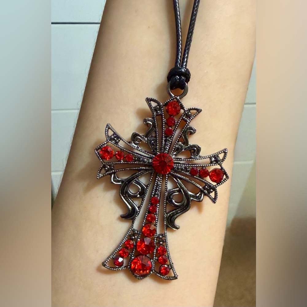 Gothic Cross Pendant on a Black Cord Necklace Victorian Retro Vintage Style